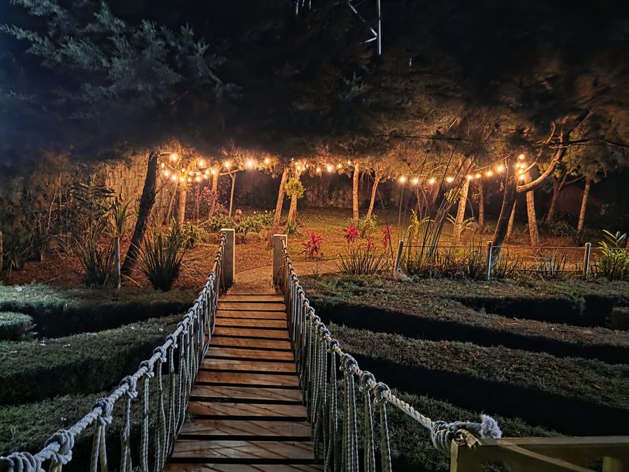 Hanging bridge lit up at night at Monte Berat