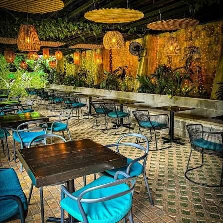 Restaurant seating at Monte Berat in the evening