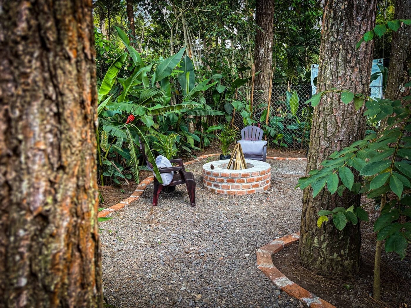 Private fire pit set among the pines beside an Umbra cabin